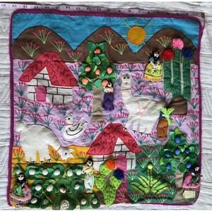 Vintage Peruvian Andean Appliqué Textile Wall Hanging Llama Village Folk Art 18x